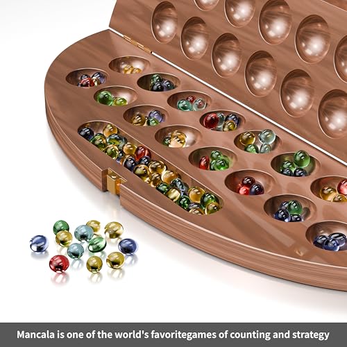 Juego de Mesa Mancala de Madera, Clásico para 2 Jugadores, Juego Plegable con Tablero de Madera Sólida y Fichas de Vidrio Multicolor miniatura 2