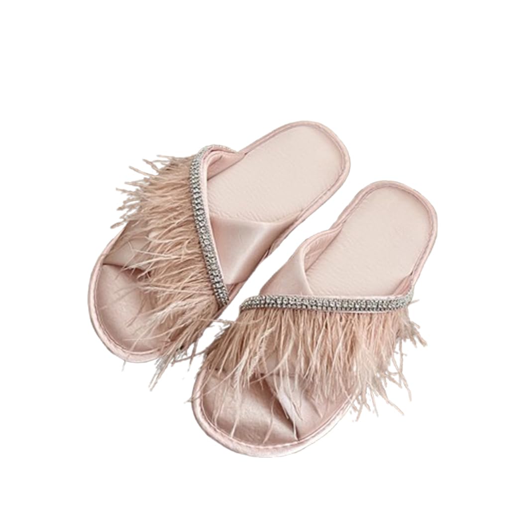 Pantuflas Planas Zapatillas De Novia De Satén con Punta Abierta, Suaves Y Peludas Zapatos De Casa Cómodos Y Cosidos A Mano Chanclas para Despedidas De Soltera Y Bodas(40/41 EU, Pink)