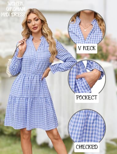 Image of Theenkoln Womens Casual Midi Dress: Short Sleeve V-Neck Empire Waist Gingham Spring Fashion Long Trendy Tiered Formal Dresses