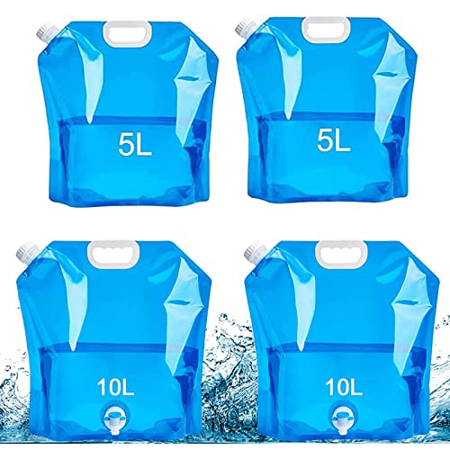 PROTOOL ALNILK 4 Pack Bidón de Agua Plegable, 10 L con Grifo Bolsa de Agua Plegable Portátil, Deposito Agua Potable para Viaje, Acampar, Picnic BBQ, Deportes, Camping y Coche Bidon Agua(2azul+2 Blanco)