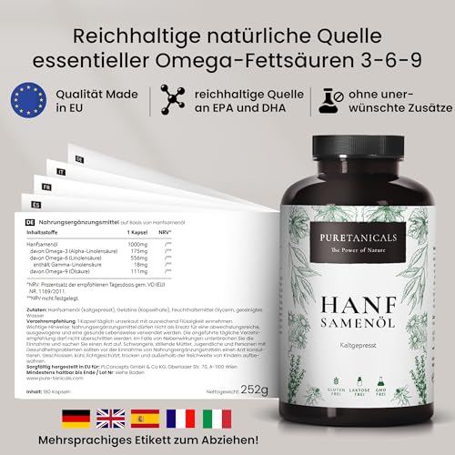 Hanfsamenöl Hanföl Kaltgepresst - 180 hochdosierte Kapseln - 1000mg Hanf Öl Omega 3-6-9 | 100% Natürlich & Stark, Hemp Seed Oil, in der EU hergestellt & laborgeprüft