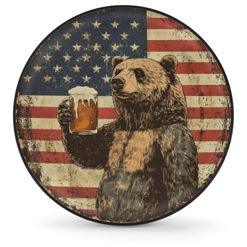Image of Spare Tire Cover Bear American Flag Wheel Covers Protectors Waterproof Dust-Proof Universal Fit Trailer, RV, SUV and Many Vehicle (16 inch for tire Diameter 29.52 inch-31.10 inch)