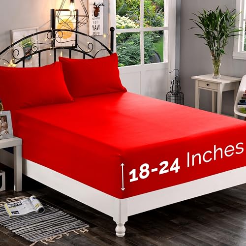 Elegant Comfort 1500 Premium Quality Fitted Sheet Ultra Soft 18-24 Inch Extra Deep Pocket - Single Fitted Sheet for High Mattress - Wrinkle Free with Smart Storage Pockets, California King, Red