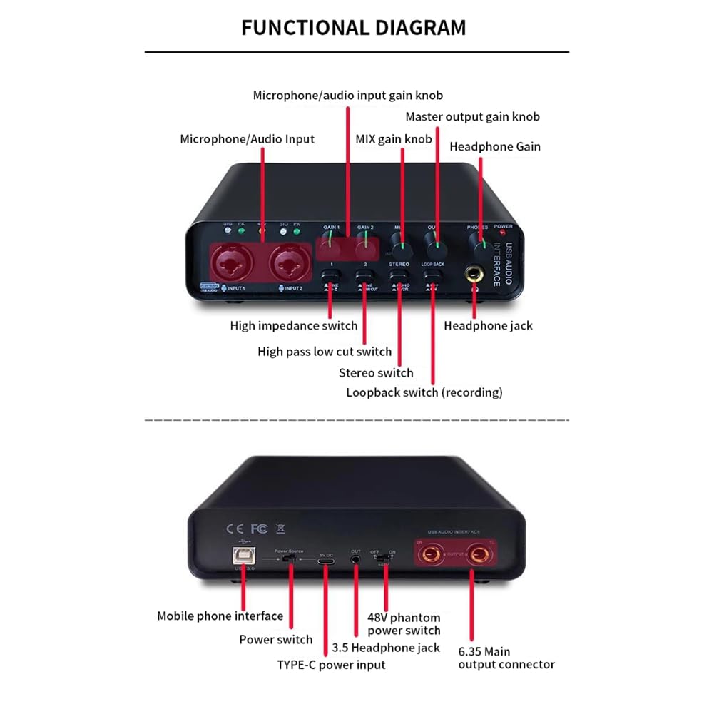 Interfaz de Audio Profesional con Tarjeta de Sonido y Monitorización para Guitarra Eléctrica, Grabación en, Canto en Estudio y Micrófono.