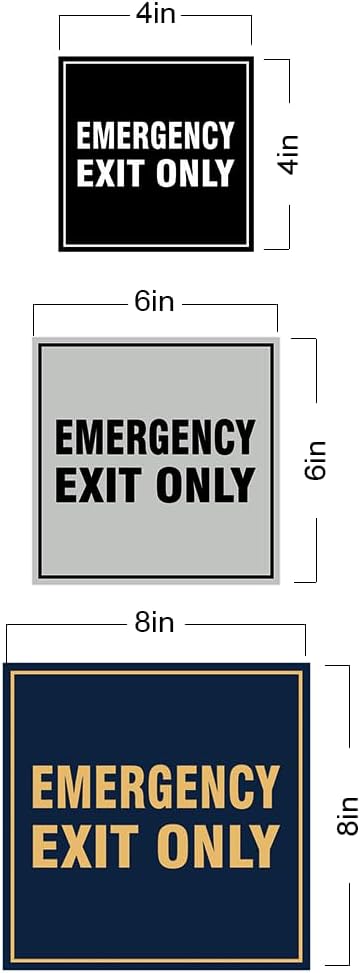 Square Emergency Exit Only Sign with Adhesive Tape, Mounts On Any Surface, Weather Resistant, Indoor/Outdoor Use (Black/Silver) - Large (2 Pack)