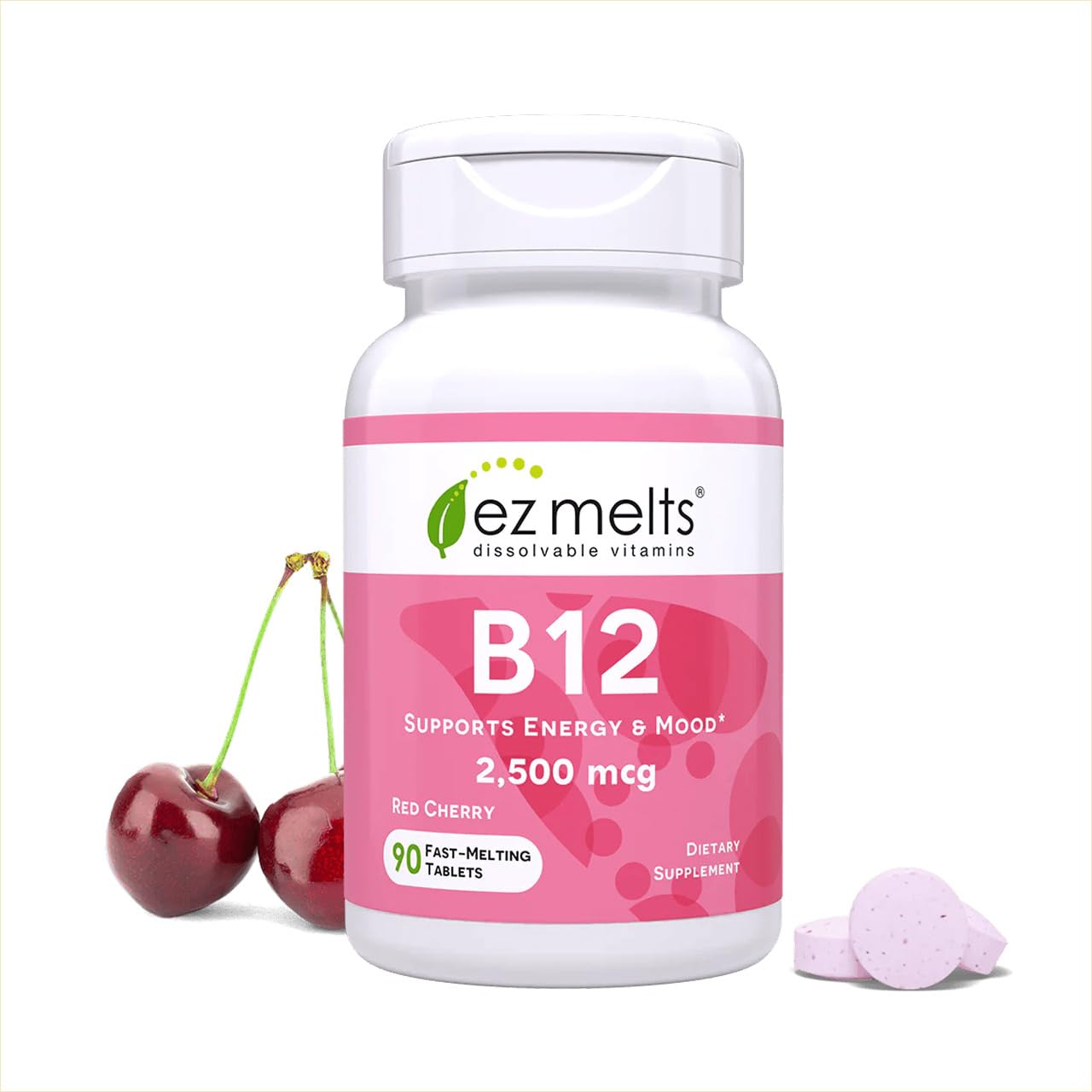 EZ Melts B12 Methylcobalamin Sublingual Vitamins, Zero Sugar, Natural Cherry Flavor, 90 Fast Dissolve Tablets (2500 Mcg)