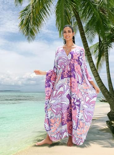 Image of Yanziliu Kaftan Dress for Women,Plus Size Hawaiian Batwing Sleeve Beach Cover Up Summer Swimsuit Dresses