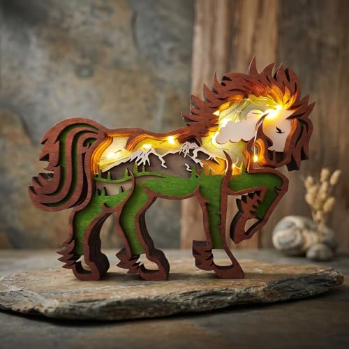 Drawelry 3D Wood Carving Animals Lamp Home Decorative, Cute Bear Family Elephant Presents Ideas Christmas Living Room Office Decor Warm LED Night Lights Gift for Friend Daughter Son Mom Dad (Horse)