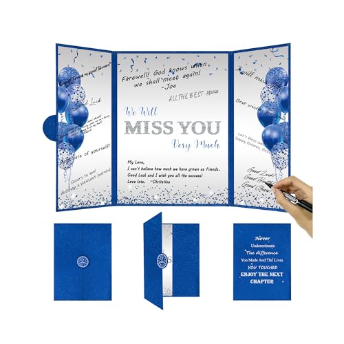 Image of DARUNAXY Blue Silver Farewell Party Decorations, We Will Miss You Very Much Alternative Signature Guest Book for Men Women Going Away Gifts Signing Card Board for Retirement Graduation Party Supplies