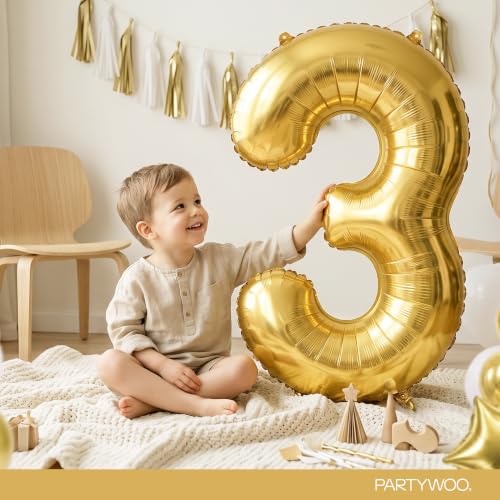 Image of PartyWoo Metallic Gold Number 3 Balloon 40 Inch 25pcs Gold Foil Star White