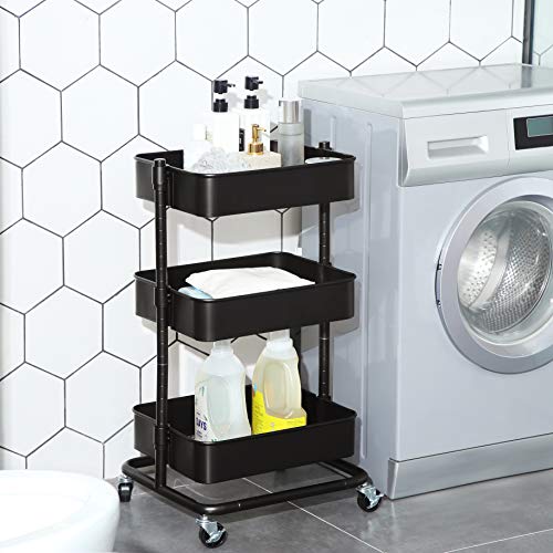SONGMICS 3-Tier Storage Trolley, Rolling Cart, Kitchen Storage Cart with Height Adjustable Shelves, Utility Cart with 2 Brakes, Easy Assembly, for Bathroom, Kitchen, Office, Black BSC60B - Image 4