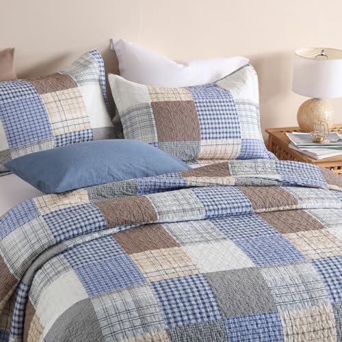 Secgo Queen Comforter Set for Bed - 100% Cotton Quilts Queen Size, Bule, Plaid Bedspreads (90 * 98 Inch) with 2 Pillow Shams, Patchwork Reversible Lightweight Bedding