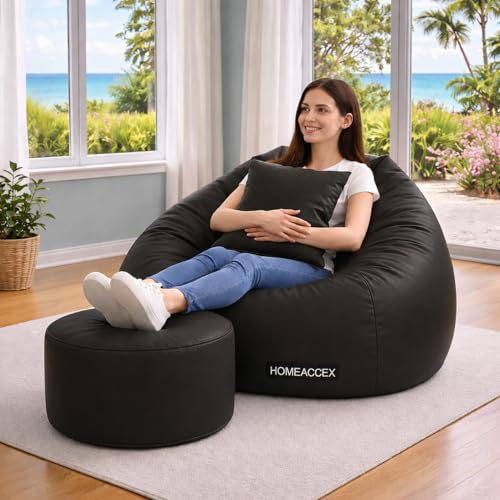 Image of Rexin Leather 2XL Bean Bag Combo with Footrest & Cushion Filled Bean Bag with Beans | Capacity Upto 90Kg, Black
