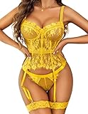 Avidlove Lingerie for Women Lace Corset and Panty Outfits Garter Lingerie Sets Yellow M