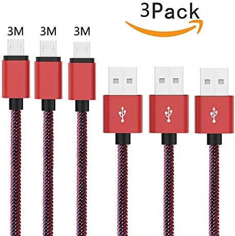 SUHOO Micro USB Cable 3Pack (10ft 10ft 10ft) Nylon Braided Data Sync Charging Cord High Speed Fast Charging Cable for Android Samsung HTC Motorola LG Sony BlackBerry Smartphones Tablets