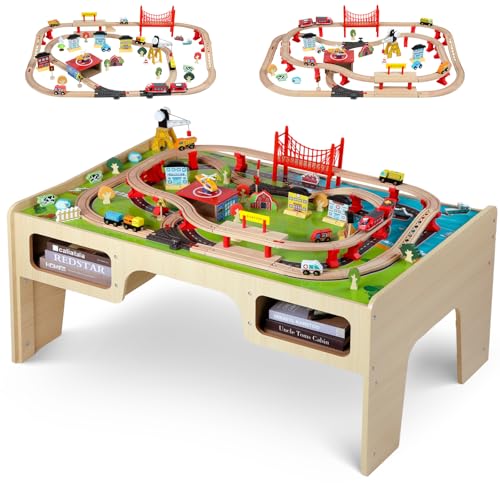 Image of FlyingBoom Train Table Set, Wood Kids Activity Table with Storage Drawer, 133 Multiple Pieces, Tracks, Trains, Cars, Toddler Train Table Set with Reversible Tabletop, Gift for Boys and Girls Age 3+