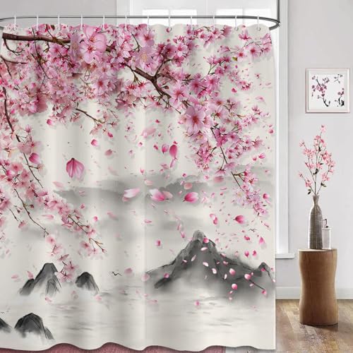 puuiui Cherry Blossom Shower Curtain Pink and Grey 70x72 Inch