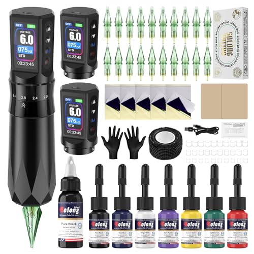 Solong Tattoo Maschine Set 2 Batterien, 7 Strokes, Rotary Wireless Tattoo Kit LCD Digital, 20 Cartridges Nadeln, 8 hochwertige Tinten für Anfänger Künstler EF-TKE751AEU-1