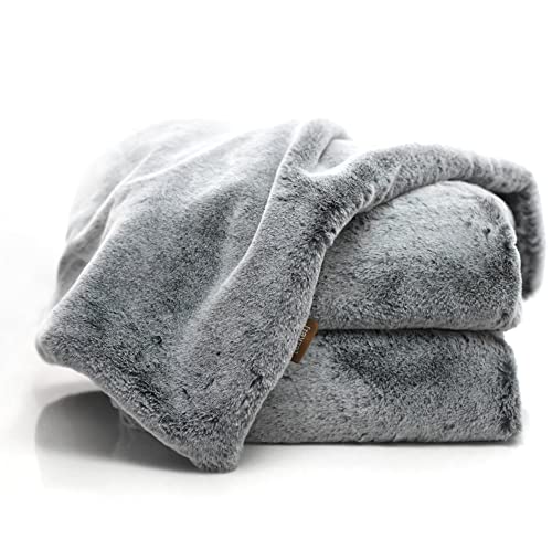 Double Sided Faux Fur Throw Blanket Silky Soft Oversized Afghan Machine Washable, Grey Striped Mink Chinchilla Shadow Fox (Iced Dream, 55Wx70L) #TOP1