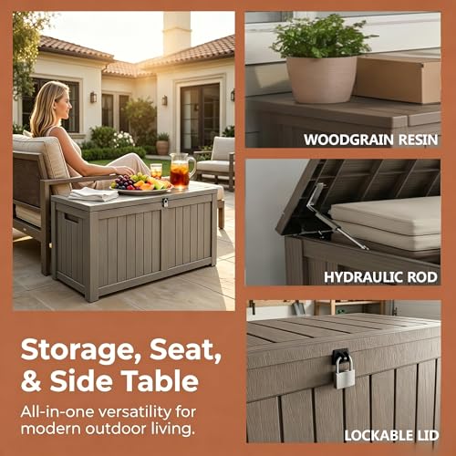 Image of 121 Gallon Resin Deck Box for Patio - Outdoor Storage Chest for Patio Furniture Cushions, Garden Tools, Pool Accessories - Lockable, Waterproof, All-Weather, Wood Grain Design, Easy Assembly