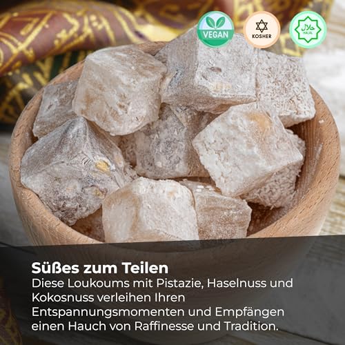 Lokum Haselnuss,Pistazien, Kokos, 500g I Türkischer Honig I Türkische Süßigkeit 500g I Geschenkgröße | Vegan | Halal | Koscher | Glutenfrei I Turkish Delight I Aromali Lokum I Ekstra Fistikli Lokum