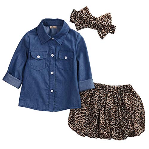 Loalirando Completi Bambina 3 Pezzi Camicia Jeans Bimba + Gonna Leopardata Bmbina + Fascia Capelli Bambina Bowknot, 90(12-18Mesi), Multicolore
