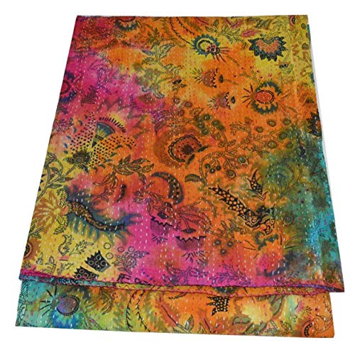 YUVANCRAFTS Traditional Mukut Print Kantha Quilt Handmade Pure Cotton Tie Dye Print Kantha Quilt Queen Blanket Bedspreads Throw
