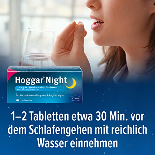 Hoggar Night Tabletten: Nicht nur einschlafen, sondern durchschlafen. 25 mg Doxylaminsuccinat Schlaftabletten für die Kurzzeitbehandlung von akuten Schlafstörungen. Gut verträglich 1 x 2 Tabletten