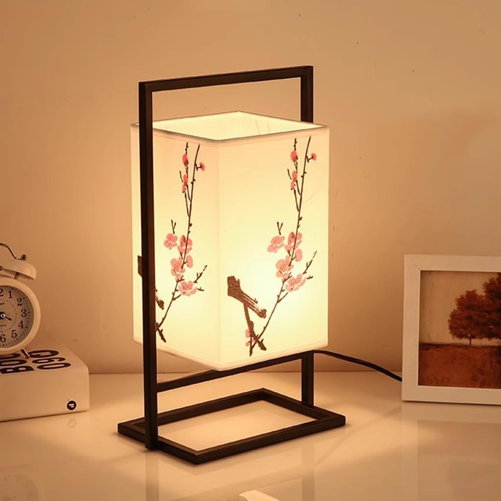 Lampada Da Comodino Camera Letto Giapponese Lampada Scrivania Industriale Con Struttura Metallo Nero Lampada Tavolo Paralume Quadrato Tessuto (interruttore A Pulsante, Fiore Di Prugna)