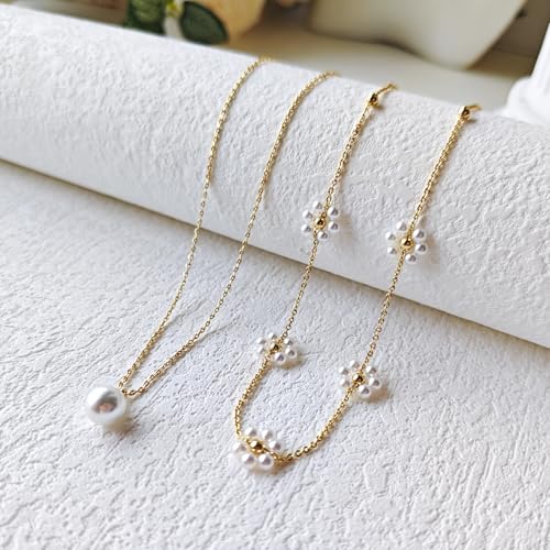Image of Zeffy Gold Pearl Necklace for Women, Dainty 14K Gold /Silve Plated Layered Pearl Choker Pearl Earrings Pearl Bracelets Wedding Trendy Gold Jewelry Set for Women Gifts