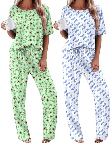 Image of Ekouaer 2 Pack Womens Pajamas Sets Short Sleeve Long Pants Pjs Lounge Set