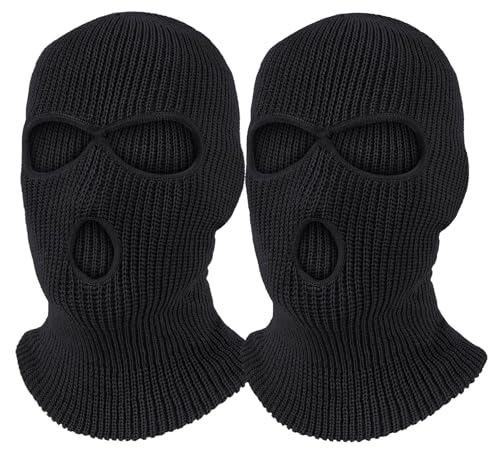 Image of 3 Hole Black Knitted Face Mask for Men Women, 2 Pack Balaclava Shiesty Ski Mask with Mouth Hole, Winter Full Face Cover for Cold Weather Motorcycle Helmet
