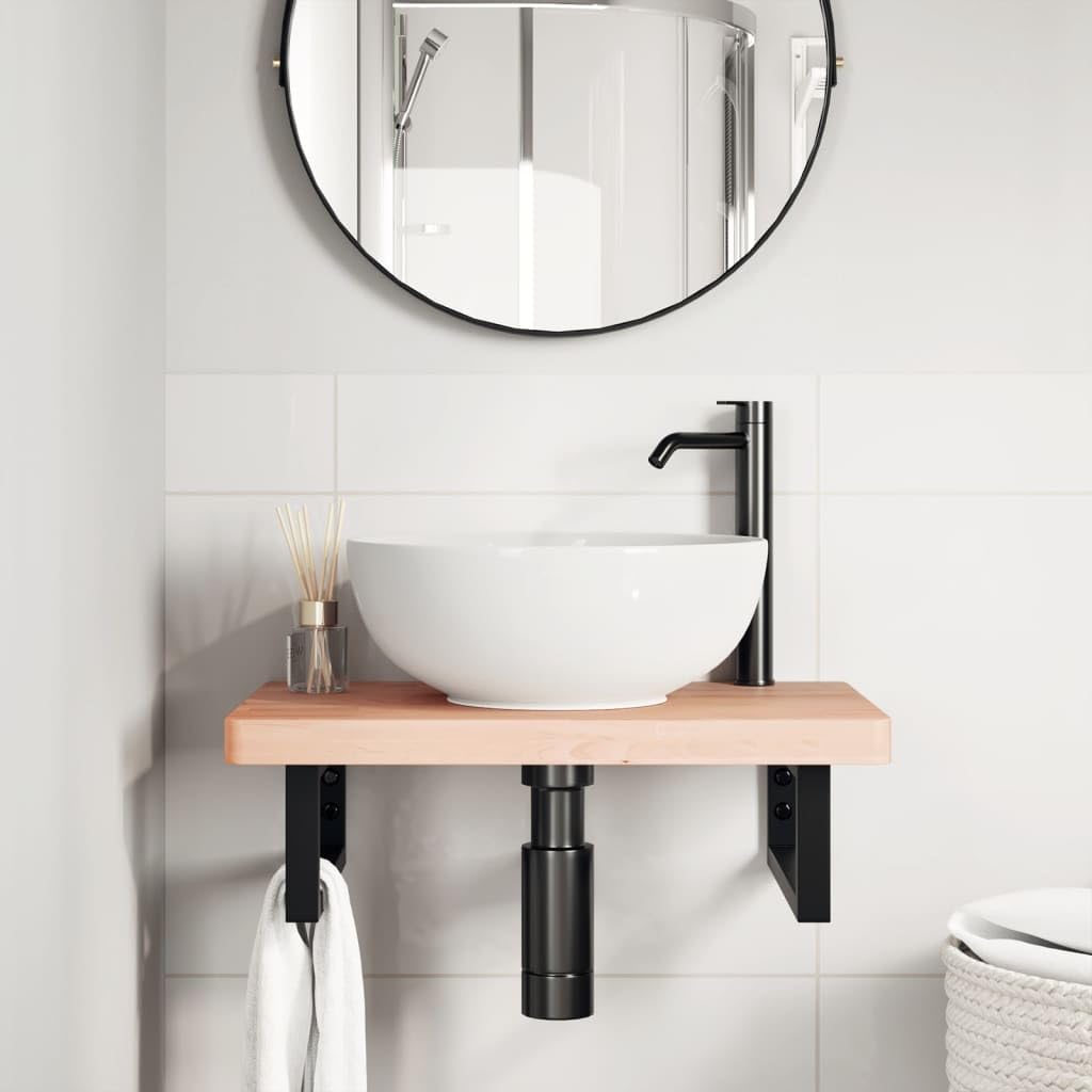 Scaffale per lavandino, montaggio a parete, in acciaio e legno di faggio massiccio, 60 x 40 cm, con supporti per mobili da bagno, lavabo e WC degli ospiti, ripiano salvaspazio per lavabo e