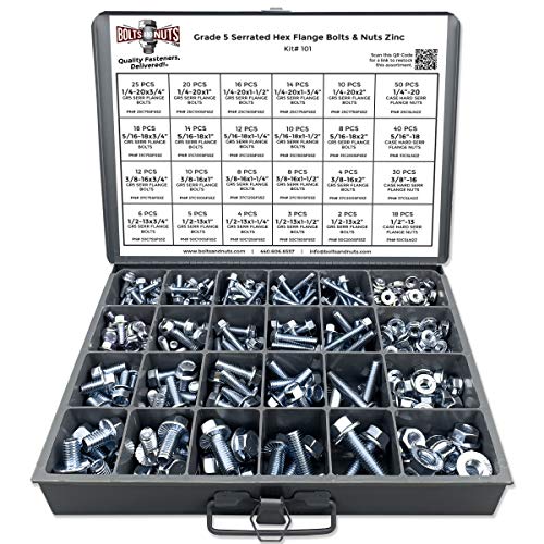 Grade 5 Serrated Hex Cap Flange Bolt & Flange Nut Assortment Kit - 348 Pieces!