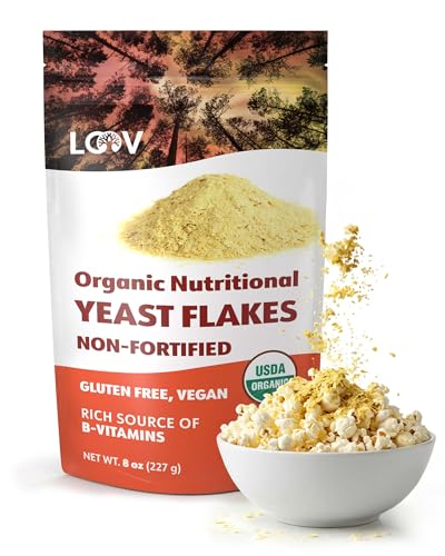 LOOV Copos de Levadura Nutricional Orgánica No Fortificada,Tostado, Vegano, No es OMG, Sin Gluten, Buena Fuente de Vitaminas B, 227 gr, Sin Vitaminas Añadidas, Sin Azúcar Añadido, Bolsa Resellable