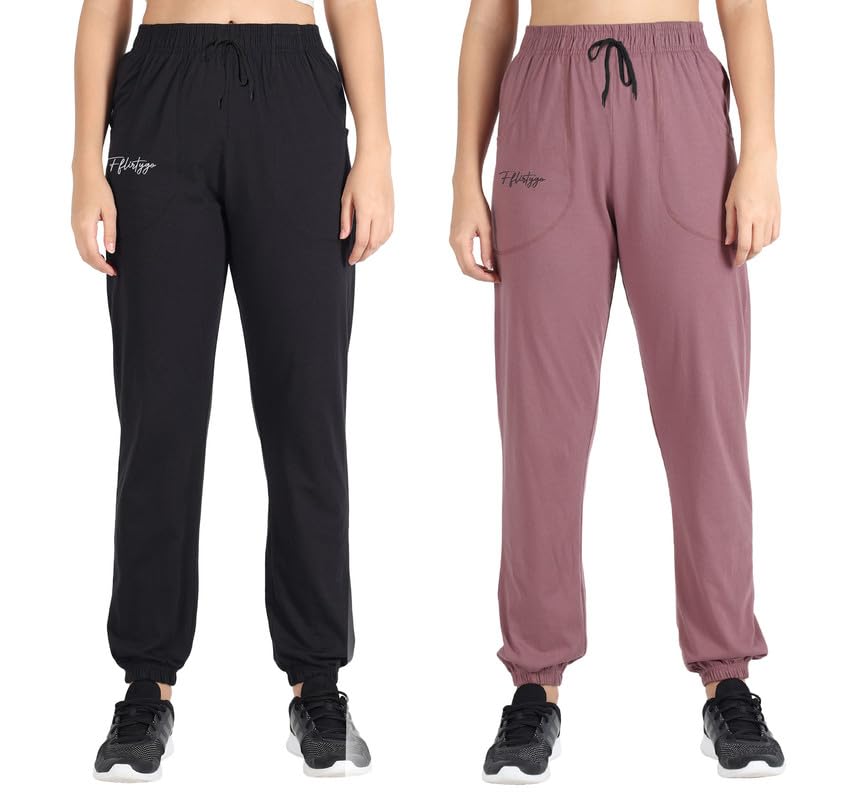 Image of Fflirtygo Cotton Solid Joggers /Track Pant /Solid Pajama /Leggings �100% Export Quality Soft Cotton Night Wear /Pocket Pyjama for Women Combo Pack of 2Pcs, Black and Blue