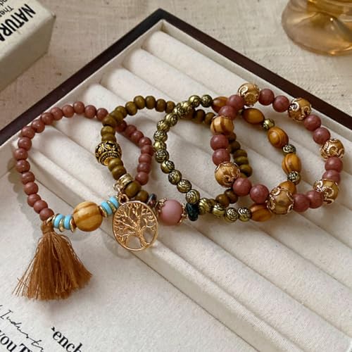 LICHUANUK Boho 4 Stück Armbänder Holzperlen Quaste Armband, Chakra Armband für Frauen, Natürliches Kristall heilsteine armband, Frauen Baum des Lebens Charm Statement Armreifen, Kristall Perle