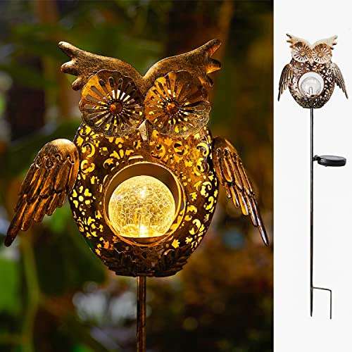 Go2Garden Solar Lights Outdoor Owl Decorative Metal Stakes Lights Crackle Glass Light For Lawn, Yard Art, Pathway, Patio Decor(Bronze) #TOP15
