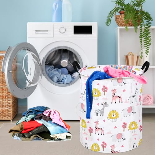 Image of Kids Laundry Hamper Clothes Gift Basket Storage Laundry Baskets Organizer Bin with Handles for Nursery Room (Pink Zoo)