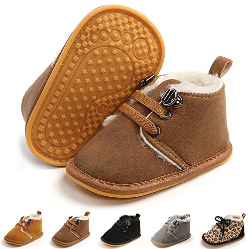 E-FAK Newborn Baby Booties Boys Girls Shoes Winter Warm Fur Lining Anit-Slip Rubber Sole Infant Toddler Prewalker Boots(6-12Months, A/Camel)