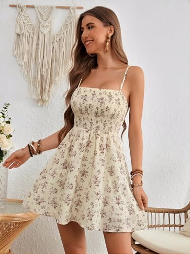 Image of Floerns Women's Boho Floral Print Sleeveless Sundress Ruched Bust Flare Hem Vacation Cami Short Dress