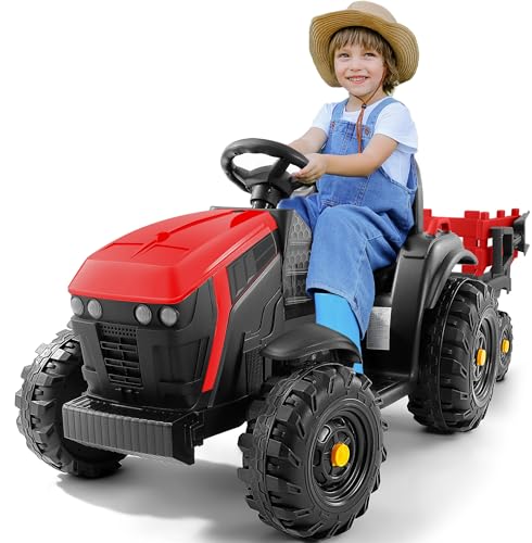 ELEMARA 24V 9AH Ride on Tractor Toys for Big Kids with Easy Detachable Trailer, 400W Electric Vehicles car, All-Terrain Capability, 3 Point Seat Belt for Ages 3+, Max 4.5 mph, Music, Deep Red