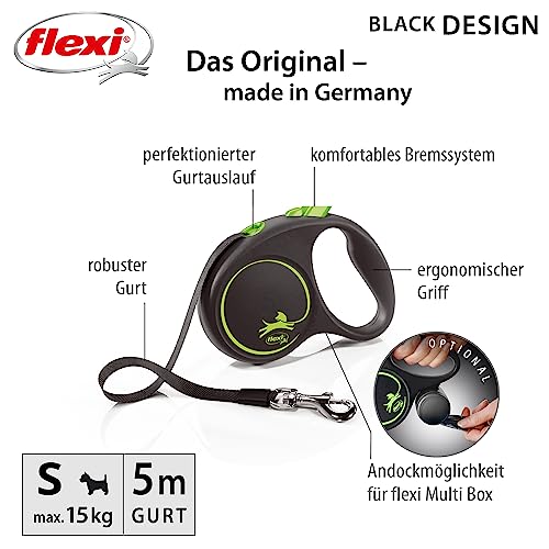 flexi® Black Design S Gurt 5 m schwarz/grün, Roll-Leine für Hunde bis 15 kg