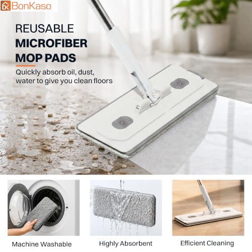 Image of BonKaso Twin Bucket Flat Mop Set, Hands-Free Microfiber Floor Cleaning Mop & Pocha with 100% Water Separation, Self-Cleaning Scraper, Reusable Pads for Floor, Wall & Window (Carbon Grey & Light Grey)