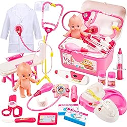 Maletin Medico Rosa BUYGER Maletin Medicos Juguete con Muñeca Bebé, Set de Doctor Enfermera Juguetes con Luces y Sonidos Botiquin Medico Infantil Juego de para Niño Niña 3 4 5 Años (Rosa)