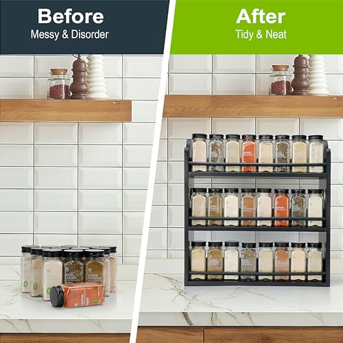 Image of 3-Tier Bamboo Spice Rack, Wall Mount & Countertop Spice Organizer | Seasoning Jars Rack Shelf Spice Organizer for Kitchen, Spice Storage Holder with handles, Front and Rear Protective Design