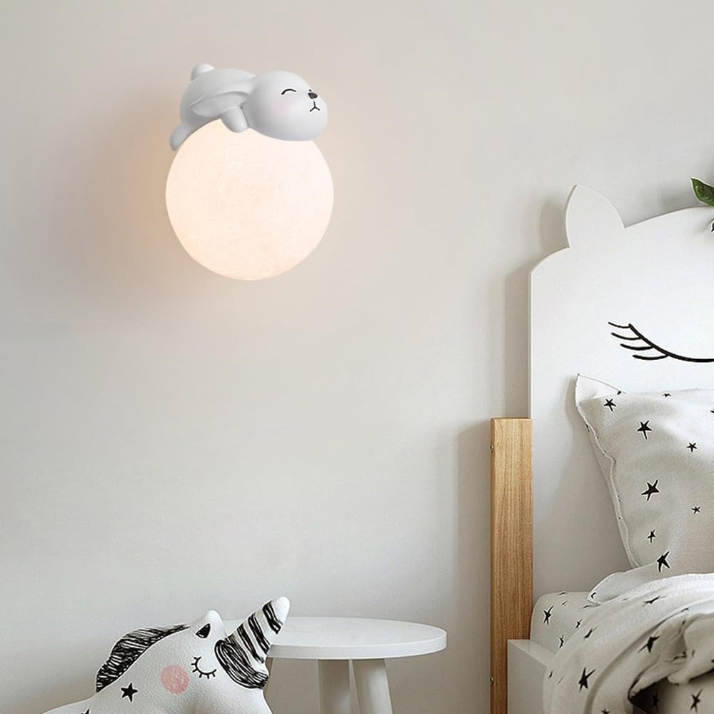 Lampada da Parete Moderna Nordica per Cameretta dei Bambini - Simpatico Cartone Animato Coniglio Luna Sferica Minimalista
