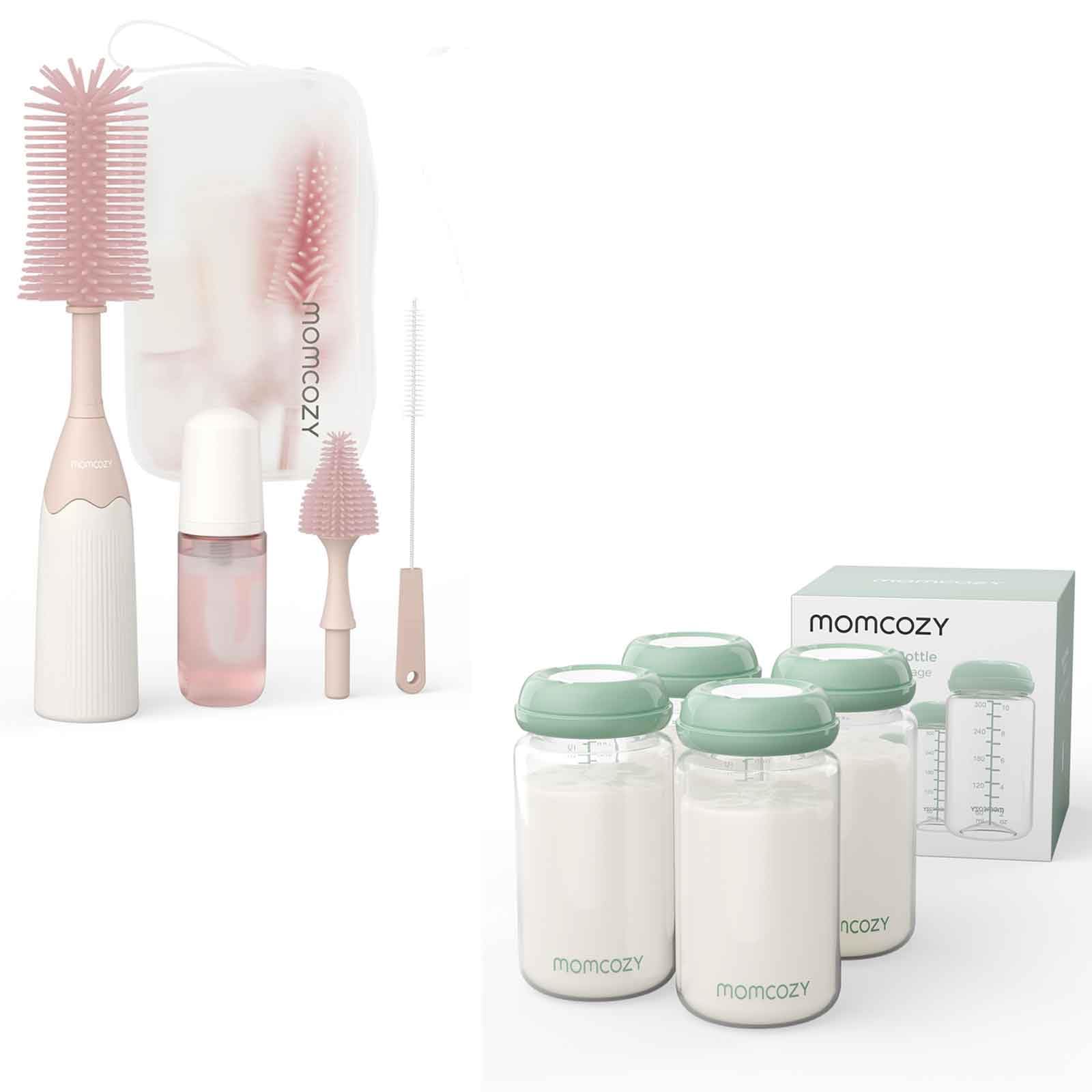 Momcozy Natural Baby Bottle, Wide-Neck, BPA Free Breast Milk Container & Bottle Brush Kit with Push-Press Foam Design