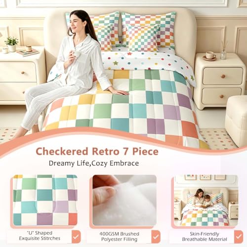 Image of Feelyou Multicolored Checkered Retro 7 Piece Bedding Set Kids Boys Geometric Vintage Comforter Set with Sheets Queen Size Green Yellow Colorful Bed in a Bag Modern Simple Groovy Aesthetic Room Decor