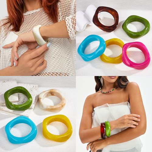 6 Pcs Colorful Square Acrylic Resin Bangle Bracelet Wide Geometric Irregular Geometric Wristbands Cuff Bangle Bracelet for Women2